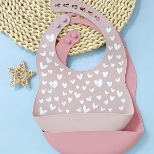 2pcs Pink Love Pattern Printed Cute Silicon Waterproof Adjustable Strap Bibs Pink