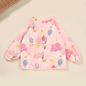 1pc Infant Waterproof Coral Pattern Feeding Apron Suitable For Daily Use Coral Orange