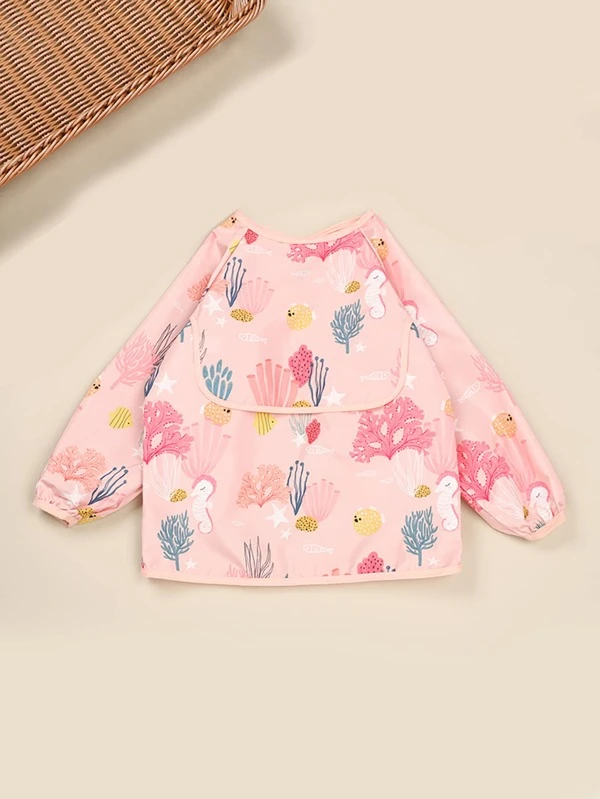 1pc Infant Waterproof Coral Pattern Feeding Apron Suitable For Daily Use Coral Orange