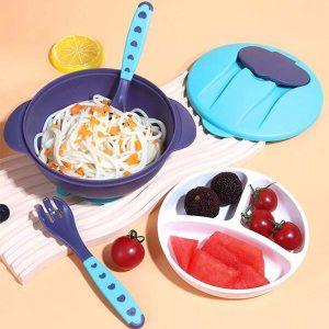 6pcs/set Cute Portable Children's Tableware Set For Home, Indoor, Outdoor Or Traveling Use, Including Divided Plate, Bowl, Fork, Spoon, Silicone Suction Cup Blue