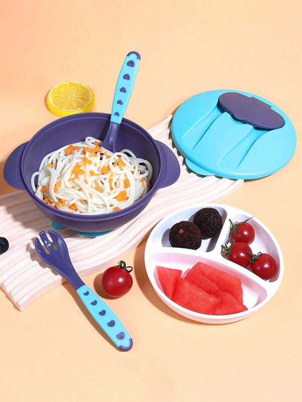 6pcs/set Cute Portable Children's Tableware Set For Home, Indoor, Outdoor Or Traveling Use, Including Divided Plate, Bowl, Fork, Spoon, Silicone Suction Cup Blue