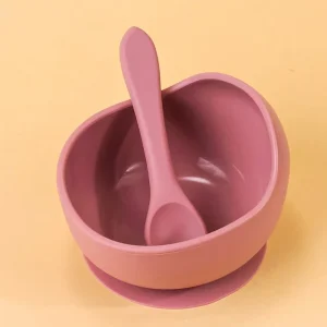 2pcs/Set Baby Silicone Solid Feeding Tableware With Silicone Suction Cup Bowl And Spoon Kids Training Soft Silicone Feeding Set Pink