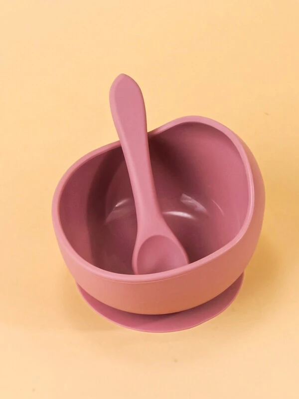 2pcs/Set Baby Silicone Solid Feeding Tableware With Silicone Suction Cup Bowl And Spoon Kids Training Soft Silicone Feeding Set Pink