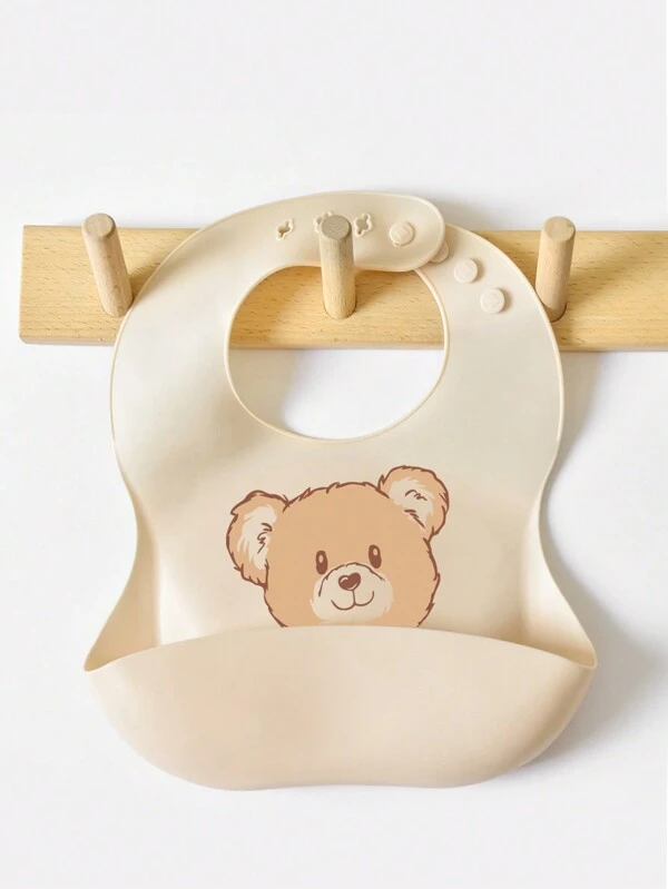 1pc Children's Cartoon Animal Waterproof, Anti-Smudge, Leak-Proof Silicone Bib, Suitable For All Seasons Beige