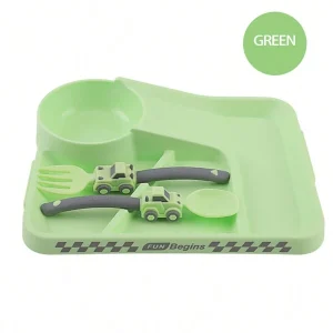 1pc Children's Car Racetrack Pp Spoon & Fork Dish Set For Daily Meal Use Green