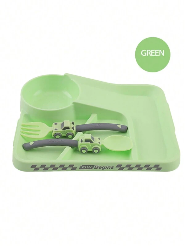 1pc Children's Car Racetrack Pp Spoon & Fork Dish Set For Daily Meal Use Green