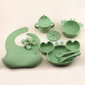 9pcs Baby Silicone Feeding Set, Including Silicone Bib, Suction Plate, Suction Bowl, Soft Silicone Spoon & Fork, Wooden Handle Silicone Spoon & Fork, 2-In-1 Training Cup, Silicone, Soft & Safe Olive Green