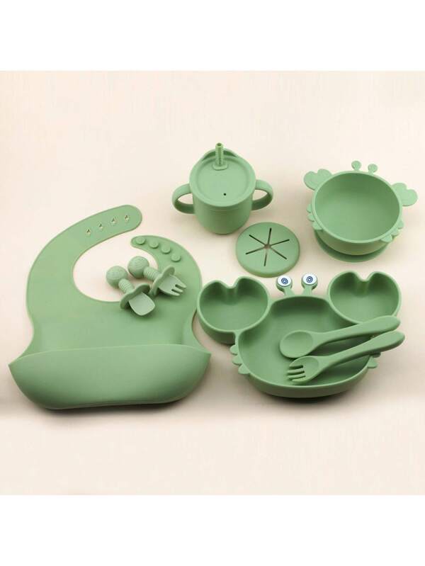 9pcs Baby Silicone Feeding Set, Including Silicone Bib, Suction Plate, Suction Bowl, Soft Silicone Spoon & Fork, Wooden Handle Silicone Spoon & Fork, 2-In-1 Training Cup, Silicone, Soft & Safe Olive Green