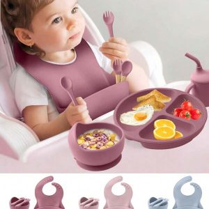 PopLittleOne 8PCS Baby Feeding Tableware Set Silicone For Baby Sucker Bowl Dishes Plate Bibs Spoon Fork Utensils Children's Cup With Straw Baby Stuff Royal Blue