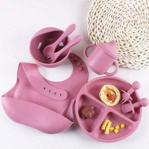 8pcs Baby Silicone Tableware Set, Including Feeding Plate, Bowl, Bib, Pacifier, Cup, Spoon, Fork And Supplementary Food Set Pink