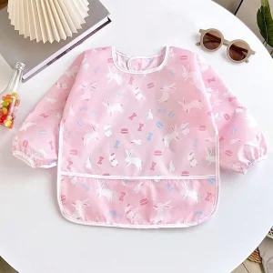 1pc Cute Rabbit Printed Waterproof Baby Feeding Apron, Reversible Design, Unisex Cartoon Painting Bib For Children Pink