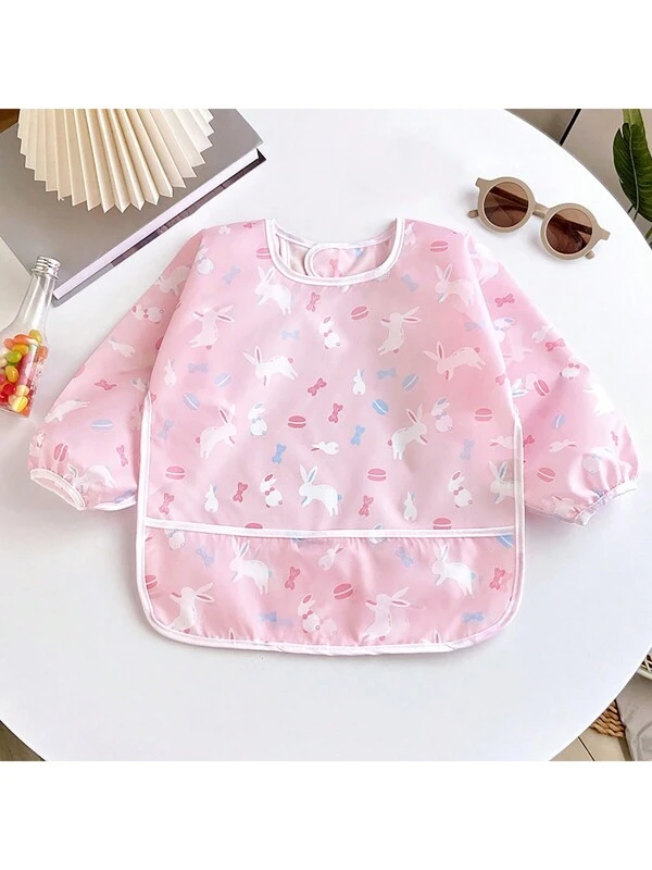 1pc Cute Rabbit Printed Waterproof Baby Feeding Apron, Reversible Design, Unisex Cartoon Painting Bib For Children Pink