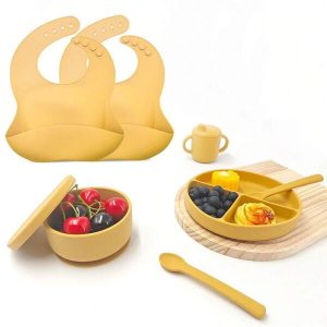 Silicone Baby Feeding Set|1 Pack Silicone Divided Suction Plate And 1 Pack Tiny Cup With 1 Spoons 1 Forks 1 Bowl With Lid And 2 Bibs|Baby Led Weaning Supplies Self Feeding Eating Utensils Yellow