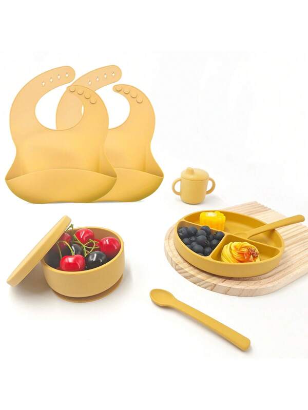 Silicone Baby Feeding Set|1 Pack Silicone Divided Suction Plate And 1 Pack Tiny Cup With 1 Spoons 1 Forks 1 Bowl With Lid And 2 Bibs|Baby Led Weaning Supplies Self Feeding Eating Utensils Yellow