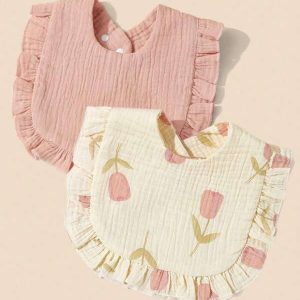 2pcs Infant Bibs With Ruffle Trim Decor, Lace Edging Pure Cotton Soft Drool Scarf Multicolor