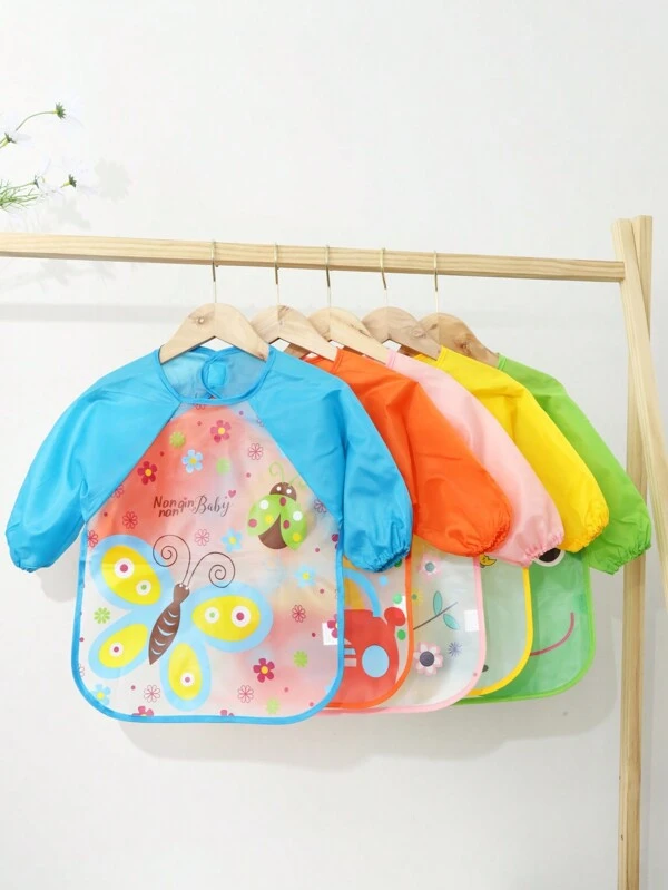 Baby Waterproof Smock Cartoon Long Sleeve Reversible Feeding Bib Apron Multicolor