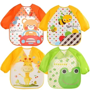 2pcs/3pcs/4Pcs Baby Bibs With Sleeves Waterproof Long Sleeved Feeding Bibs Apron Weaning Bibs Toddler Painting Playing Apron With Colorful Animal Pattern Unisex For Infant Toddler Baby Boy Girl 6 To 36 Months Multicolor