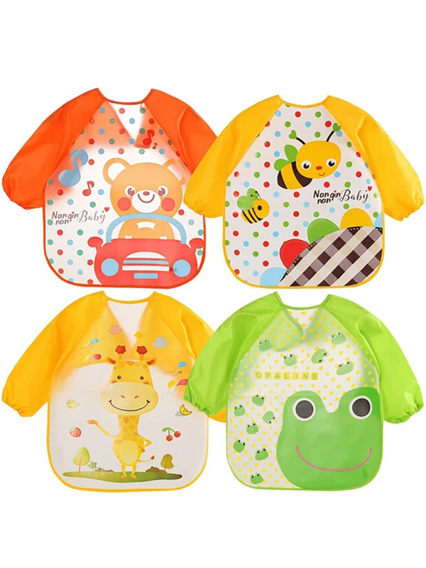 2pcs/3pcs/4Pcs Baby Bibs With Sleeves Waterproof Long Sleeved Feeding Bibs Apron Weaning Bibs Toddler Painting Playing Apron With Colorful Animal Pattern Unisex For Infant Toddler Baby Boy Girl 6 To 36 Months Multicolor