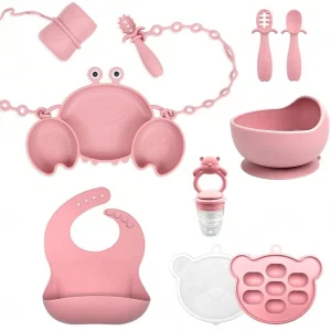 11pcs/Set Silicone Tableware For Infants, Includes Crab Plate, Snail Bowl, Bear Feeding Bags, Bear Ice Tray, Baby Bibs, Feeding Spoons, Silicone Cup, Anti-Drop Chain Multicolor