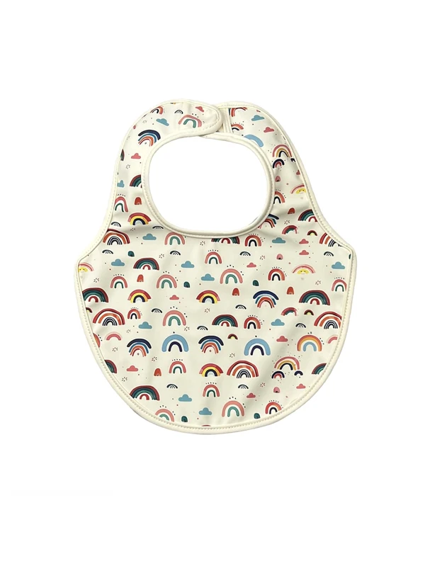 1pc Baby/Toddler Rainbow Pattern Ivory PU Waterproof & Oil Proof Bib, For Daily Meals Beige