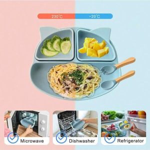 5pcs Baby Plate With Suction Cup, Children's Tableware Set Include Fork & Spoon, Silicone Divided Baby Feeding Dishes Navy Blue