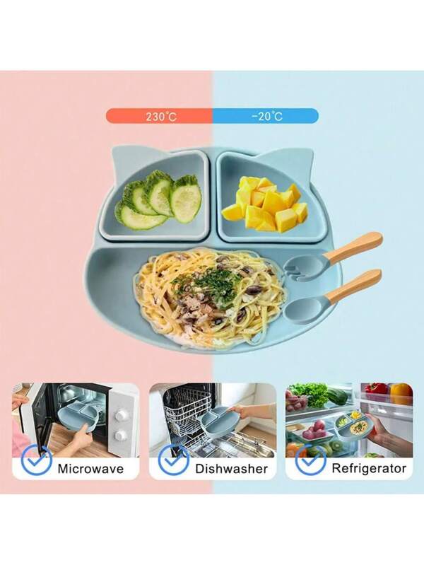 5pcs Baby Plate With Suction Cup, Children's Tableware Set Include Fork & Spoon, Silicone Divided Baby Feeding Dishes Navy Blue