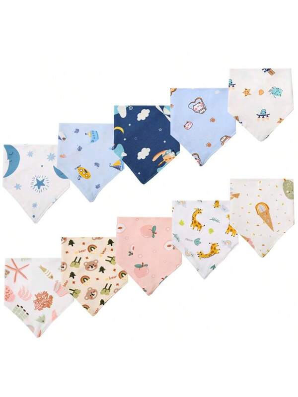 3pcs Random Mixed Color Baby Bibs, Cartoon Printed Double Layer Newborn Saliva Cloth Scarf Baby Triangular Bib