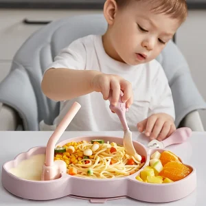 100% Silicone Plates for Baby, Utensils Set for Toddlers 1-3 Including Plate ,Straw,and One Spoon ,One Fork,Divided Plates for Kids Dishwasher & Microwave Safe Pink