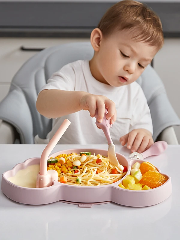 100% Silicone Plates for Baby, Utensils Set for Toddlers 1-3 Including Plate ,Straw,and One Spoon ,One Fork,Divided Plates for Kids Dishwasher & Microwave Safe Pink